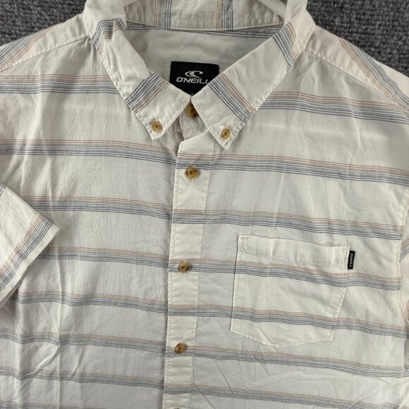 Oneill Striped Large Short Sleeve Button Up Shirt White Standard Fit Skate Surf - Picture 1 of 16